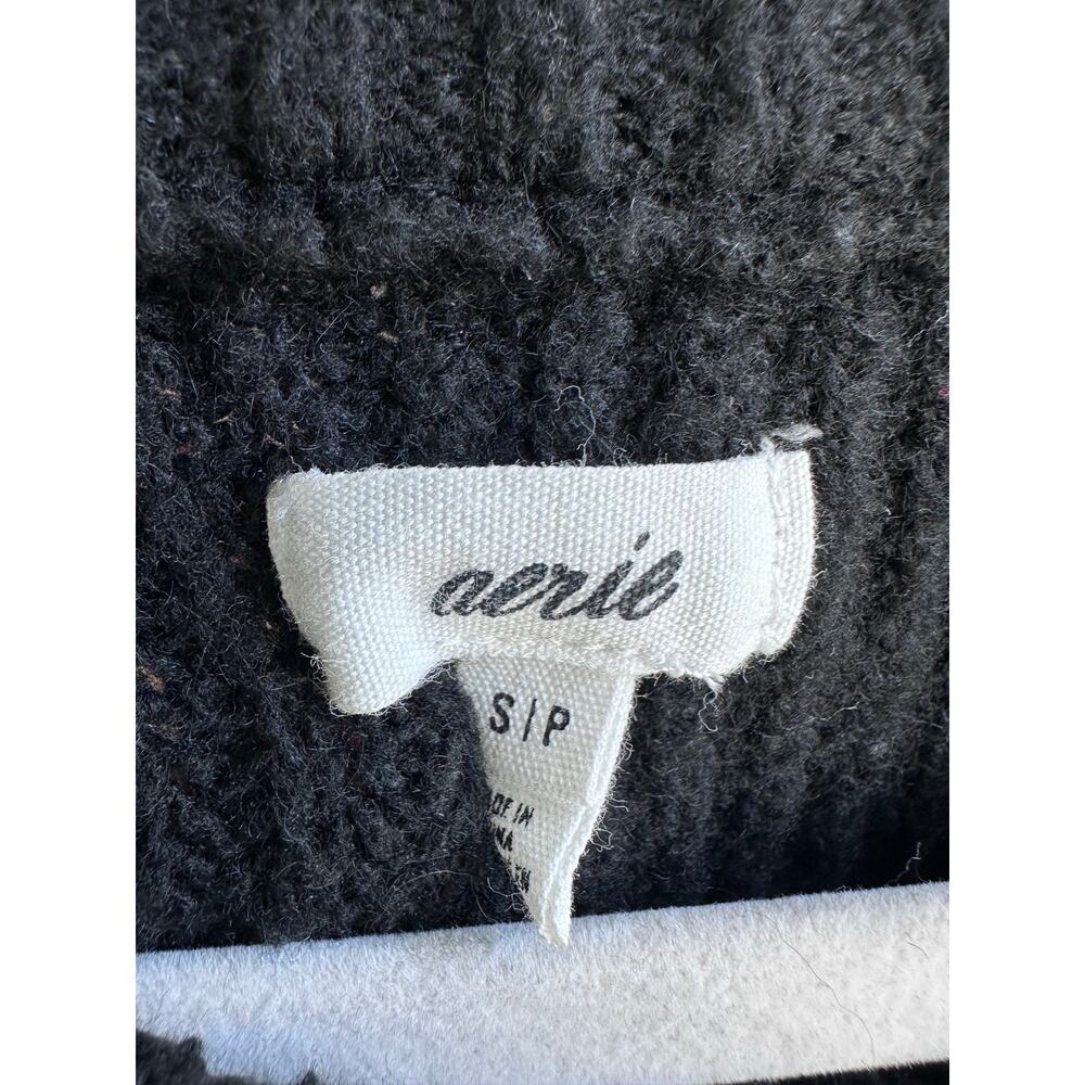 Aerie Black Ribbed Cropped Cardigan | Button Front Short Sleeve Sweater - Picture 6 of 8